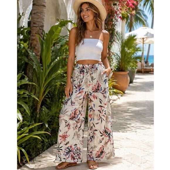 Briggs Pants - Briggs Linen Blend Floral Wide Leg Pull On Pants Women’s XL Boho Beach Resort